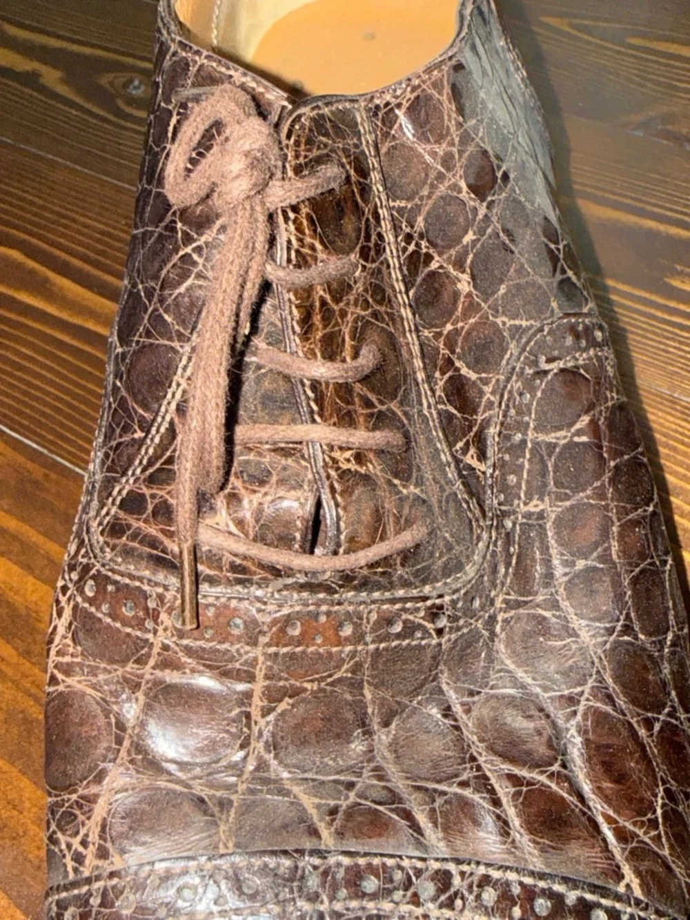 Salvatore Ferragamo Brown Croc-Embossed Leather Oxfords